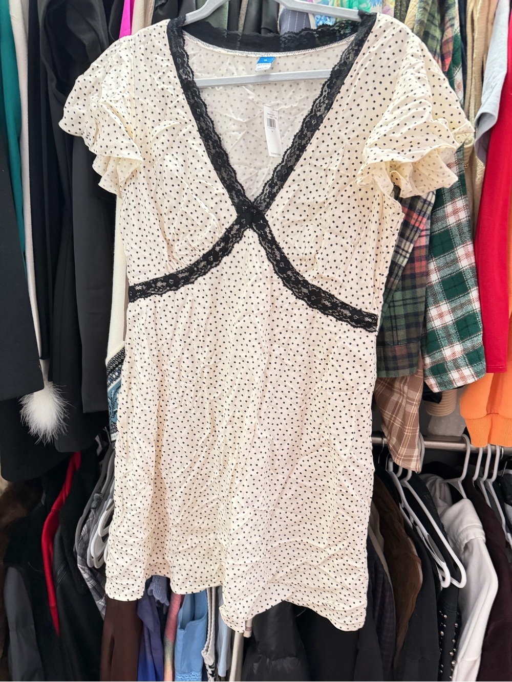 Old Navy Cream and Black Polka Dot Lace-Trim Top